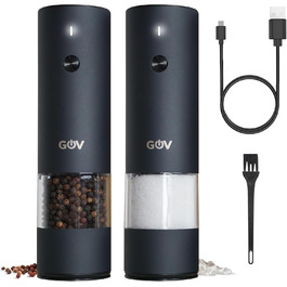 GOV Electric Pepper and Salt Grinder Set - 45 ml Black Edition - USB-C Rechargeable - 6 Adjustable Grind Sizes - Stylish Black Stainless Steel Design with LED Lamp