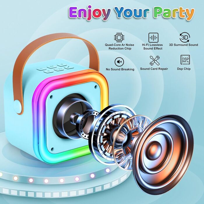 Караоке-машина Spinosaurus для дітей з 2 мікрофонами, Bluetooth, LED-підсвічуванням, портативна, для віку 3-12 років, ідеально для свят та подарунків (блакитна)