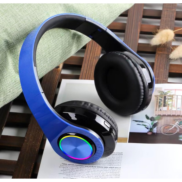Бездротові Bluetooth навушники з LED підсвіткою, складні, Bluetooth 5.0, радіус дії 10 м, стерео, мікрофон, синій