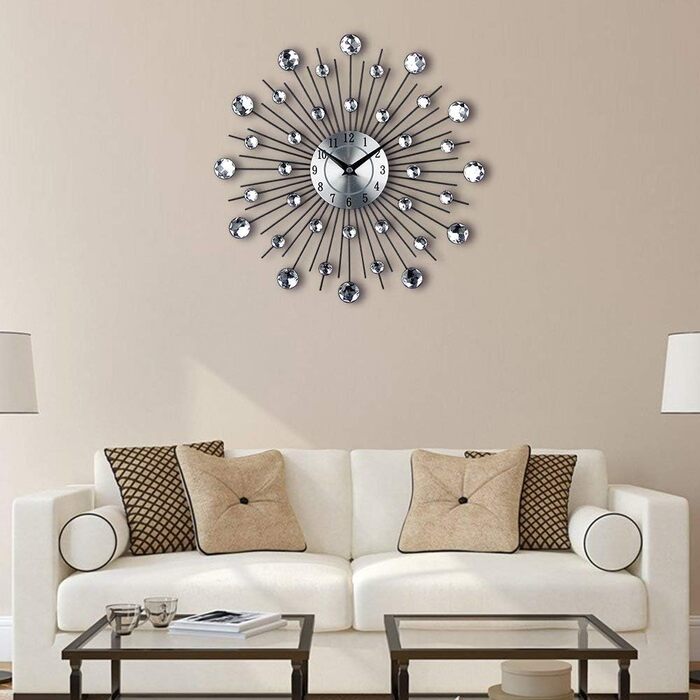 Silver Glitter Wall Clock, Large Kitchen Clock, Modern Designer Quartz Wall Clock, Analog Wall Clock (Silver)
