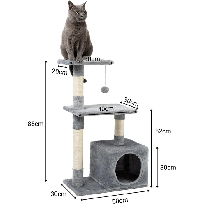 Cat Scratching Post with Cave and Plush Ball including Bell, Height 85 cm, Cat Tree with Sisal & Plush, Cozy Lounging Areas & Cave, Suitable for Small & Large Cats, (Light Gray (with name tag))