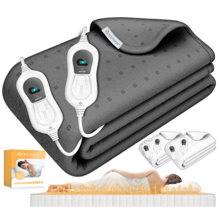 Електрична ковдра KESSER® з автовимкненням та пультом дистанційного керування | 3 температурні режими | Підкладка-грілка під матрац | Тепла ковдра з м'якого флісу, білий колір, без візерунка (160 x 140 см, антрацит)
