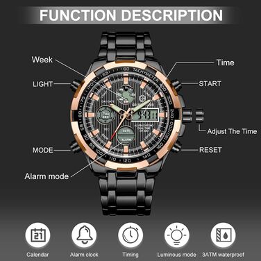 Чоловічий годинник з хронографом: сталевий, водонепроникний, з датою та будильником, аналогово-цифровий дисплей (рожеве золото, чорний)