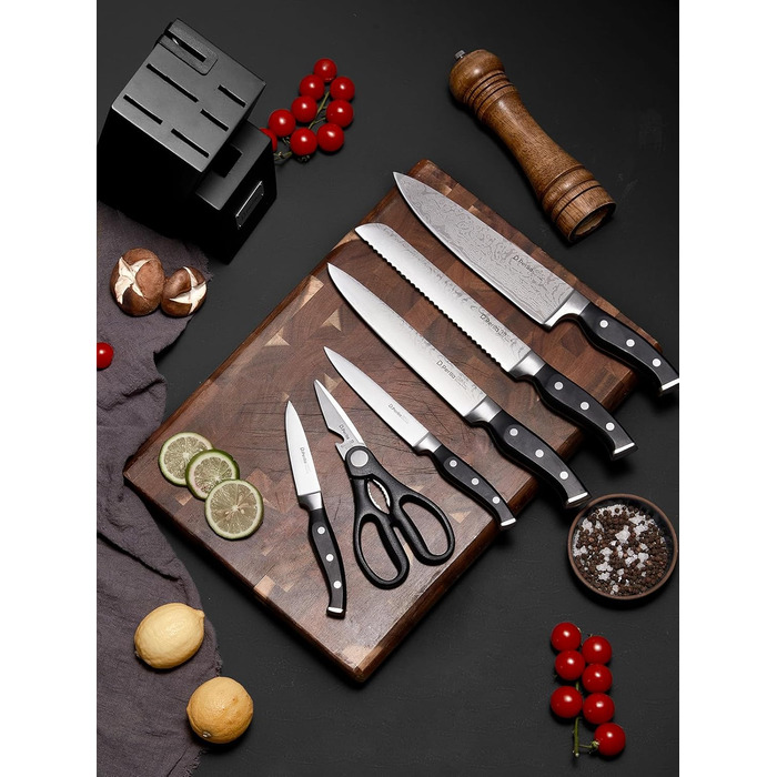 D.Perlla Self-Sharpening Knife Block Set - 7 Piece Stainless Steel Knife Set with Plastic Handle & Wooden Block - Professional Kitchen Knife Set, Black