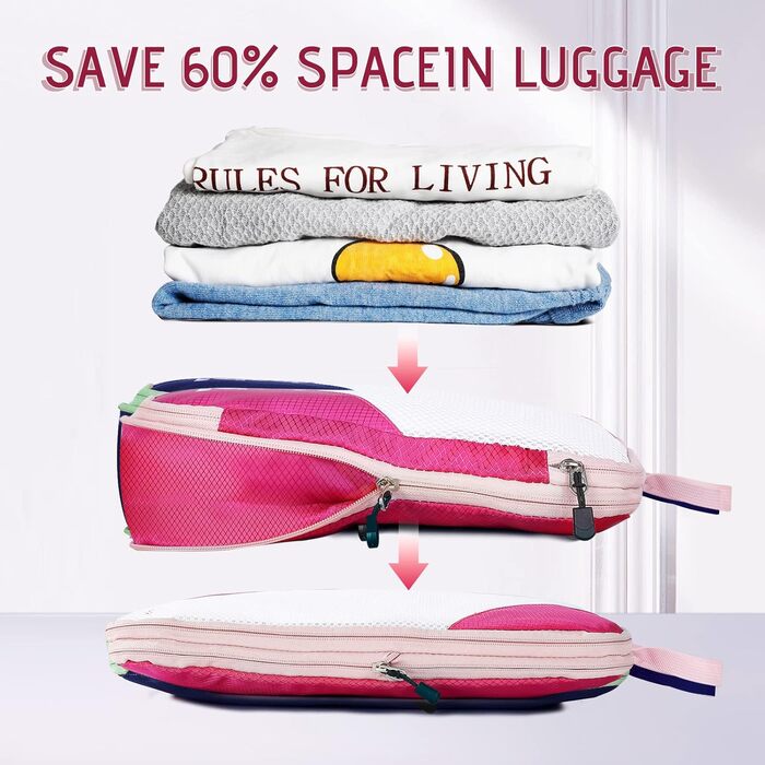 Набір органайзерів для валізи AiQInu, 5 шт. з компресією, для подорожей, рожевий