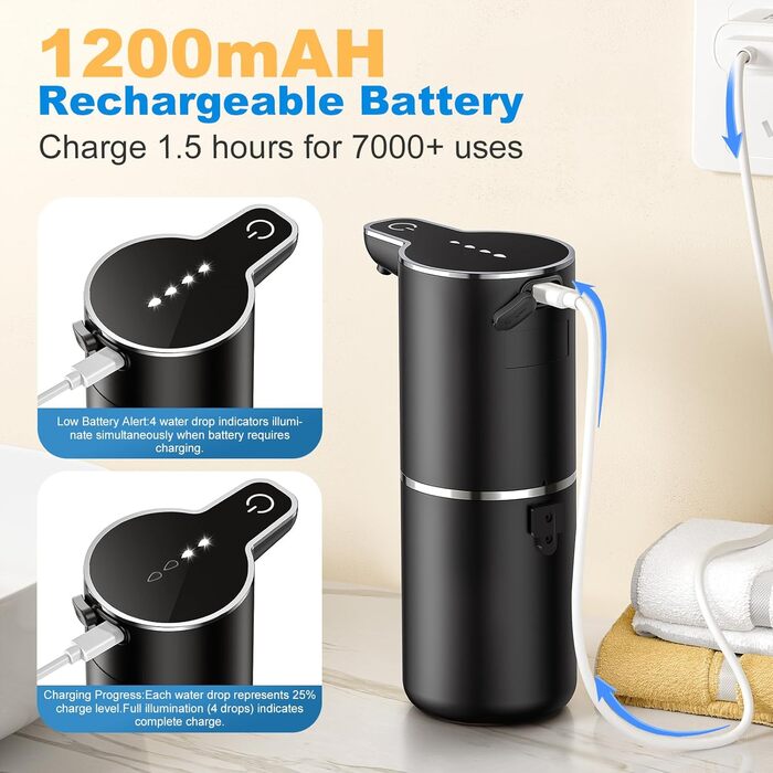 Автоматичний дозатор мила на батарейці з сенсором, USB-зарядка, 4 рівня регулювання, для кухні, ванної, школи. Підходить для рідкого та пінного мила. Білий колір.