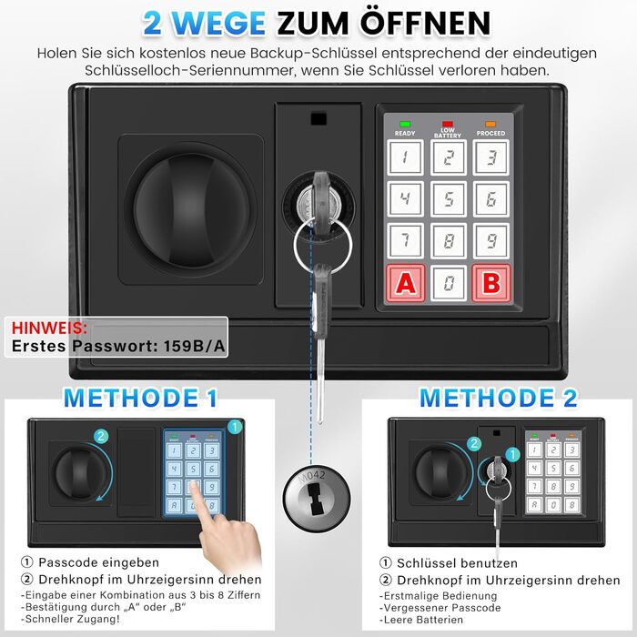 Великий сейф 50л для дому: вогнестійкий, водонепроникний, з ключем та кодовим замком. Сейф для ювелірних виробів, документів, грошей. Вбудована сигналізація, настінний сейф.