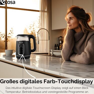 Електрочайник Ecosa® зі скляною колбою та регулюванням температури, 1,7 л, 2200 Вт, не містить BPA, з підігрівом та LED-підсвічуванням (Black Pearl)