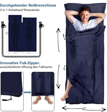 Спальний мішок туристичний 2в1, мікрофібра, 220x95 см, для кемпінгу, хостелів, гірських притулків, зелений/темно-синій