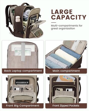 LOVEVOOK Рюкзак для ручної поклажі, 40L, рюкзак для жінок, водонепроникний, відділення для ноутбука 17 дюймів, для подорожей, роботи, хайкінгу, оливково-зелений/бежевий