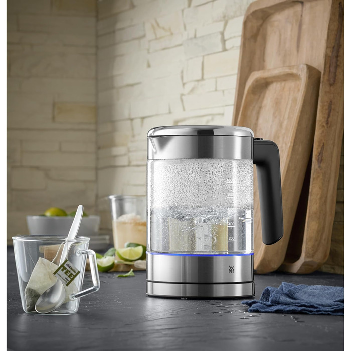 WMF Kitchenminis Kettle Glass 1 Liter, Cordless Small Kettle, Water Level Indicator, Scale Filter, Automatic Shut-Off, 1900 Watts, Cromargan Matt Single
