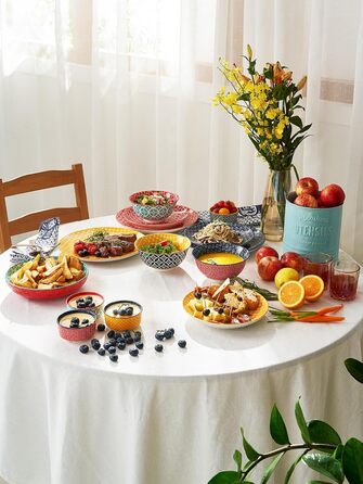 Набір тарілок для мюслі DOWAN (6 шт.), 680 мл, діаметр 15,2 см, кольорові, великі, набір тарілок для вечері, Різдва, супу, салату, кукурудзяних пластівців, з квітковим візерунком