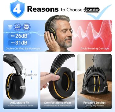 Захисні навушники Dr.meter SNR 31dB: комфортні та регульовані для дорослих, чорно-жовті