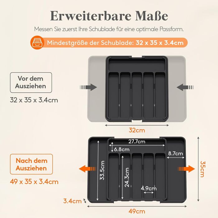 Органайзер для столових приборів Lifewit в шухляду, розсувний, чорний, 6-8 відділень, 35-49 см