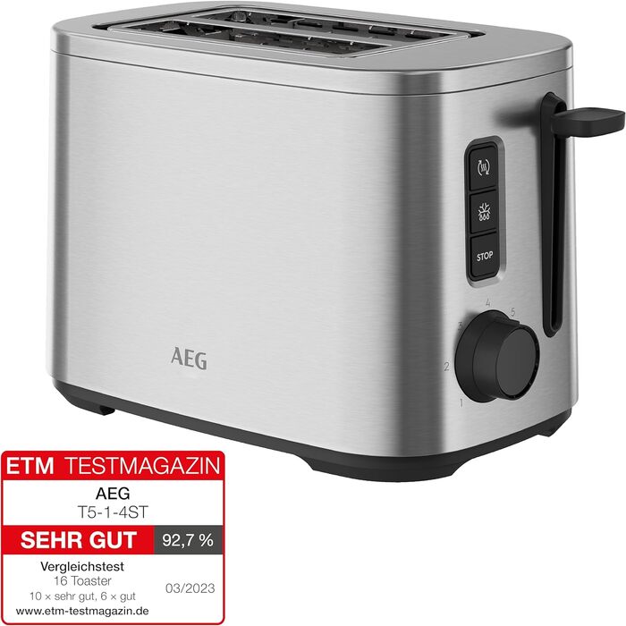 Тостер AEG T5-1-4ST Deli 5 з 7 режимами, таймером, функціями стоп, розморожування, підігріву, автоматичним центруванням, корпусом Cool-Touch, широкими слотами, піддоном для крихт, нержавіюча сталь