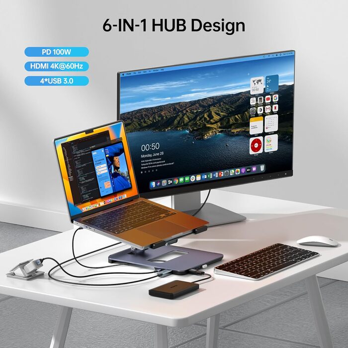 Алюмінієва підставка для ноутбука BENFEI з USB-C 6-в-1 док-станцією, HDMI 4K 60Гц, 4xUSB 3.0, Power Delivery 100Вт, сумісна з MacBook Pro/Air, iPad Pro, XPS, ThinkPad