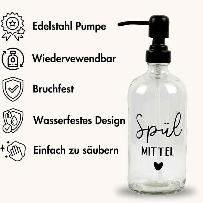 Glass Soap Dispenser 500ml - Dish Soap Dispenser for Kitchen, Soap Dispenser for Bathroom, Black Pump Dispenser (Clear Glass Hand Soap with Metal Dispenser)