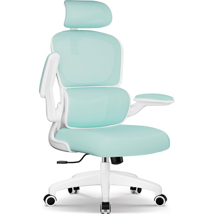 Ергономічне крісло для офісу з регульованою підголівником, поперековою підтримкою та відкидними підлокітниками, крісло для начальника, 150 кг, функція гойдання до 135° (Блакитно-зелений, Модель 2)