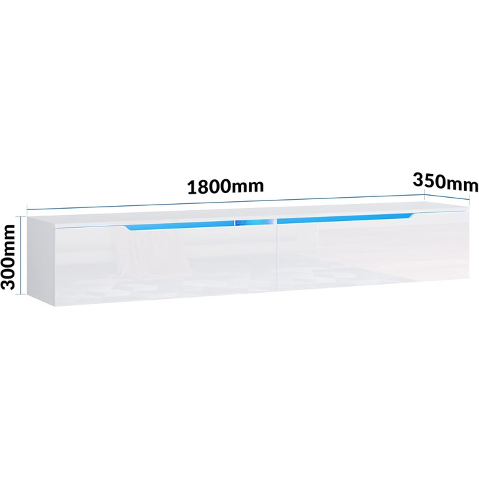 Підвісна ТВ тумба SONNI 180x35x30 см, білий глянець, з LED-підсвіткою 12 кольорів, без ручок, сучасний телевізійний стіл