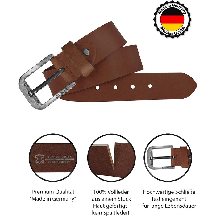 Шкіряний ремінь чоловічий Premium Made in Germany, натуральна шкіра, 40мм, коньячний коричневий, розмір 95 (з подарунковою коробкою)