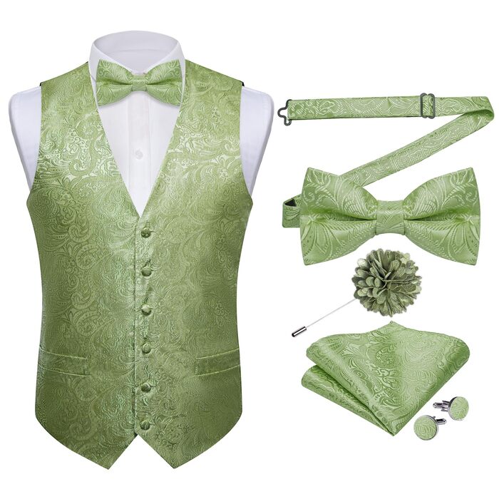 Жакети DiBanGu з принтом пейслі для чоловіків, 7-piece комплект: жакет, краватка, голки для лацканів, S, салатовий