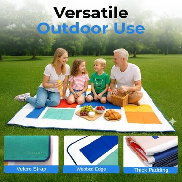 Великий плед для пікніка та відпочинку на природі Scuddles з кишенею – двошаровий, водовідштовхувальний, 200 x 150 см, блакитно-білий