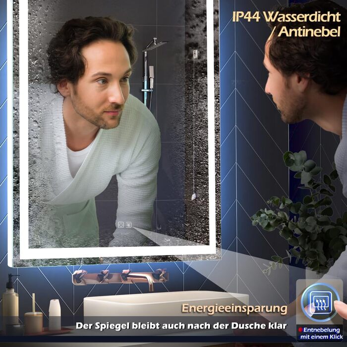 Дзеркало для ванної кімнати LED з підсвічуванням, туалетне дзеркало настінне, 6500K, антитуманне, водонепроникне IP44, вертикальне/горизонтальне (70 x 50 см)