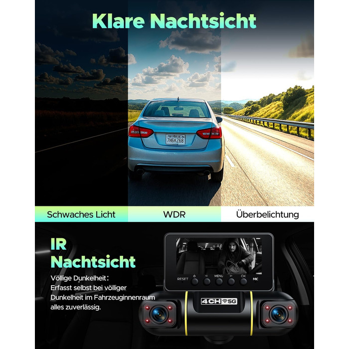 Відеореєстратор LAMTTO 360° з 4 камерами: передня, задня, внутрішня + паркувальний монітор. 5G WiFi, APP-керування, IR нічне бачення, комплект для підключення до акумулятора, SD-карта 128GB.