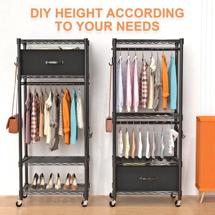 Clothes Rack, Clothes Rack, 4 Tier, Adjustable Closet Organizer System with Drawer | Double Rods | Side Hooks | Holds 445 lbs