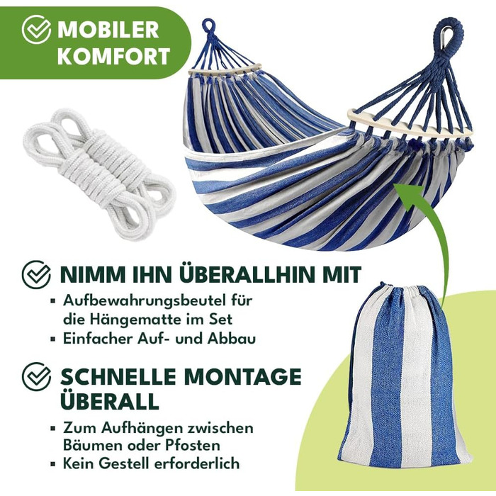 Гамак KRUMAD 260 см, до 250 кг, вологостійкий, бавовна-поліестер, для саду, балкону, кемпінгу, з дерев'яними розпірками та сумкою (блакитно-білий, без каркасу)