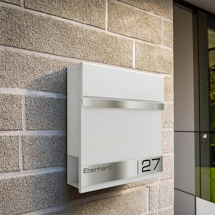 Поштова скринька Metzler Premium з газетницею, антрацит. Персоналізована з табличкою для імені. Якісна настінна поштова скринька з нержавіючої сталі V2A з порошковим покриттям RAL 7016, модель Stencil (біла)