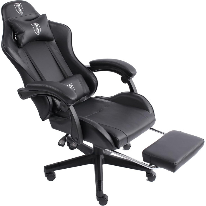 TRISENS Gaming Chair with Racing Design featuring flexible padded armrests, ergonomic PC gaming chair in leather look, desk chair with retractable footrest and extra support cushion, color: black