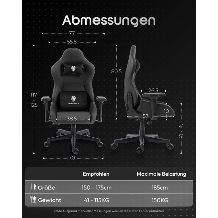 Ігровий крісло Dowinx з 4D підлокітниками, функцією гойдання 15° та регулюванням спинки до 165°, масажний, ергономічний, дизайн у стилі гоночного авто, до 135 кг, чорний