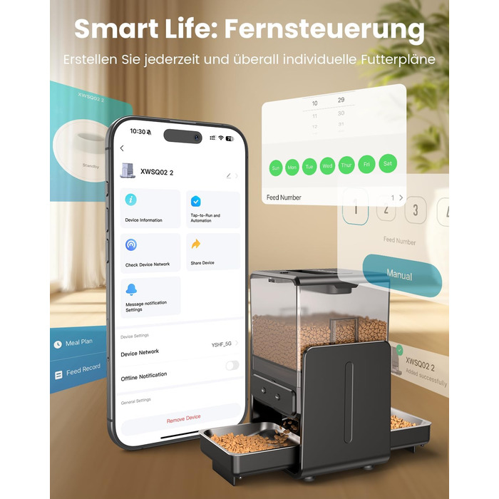 Автомат годування котів з App-керуванням, для 2 котів, регульована висота, 2 миски, 5-літровий бункер, з функцією запису голосу, таймер, WiFi