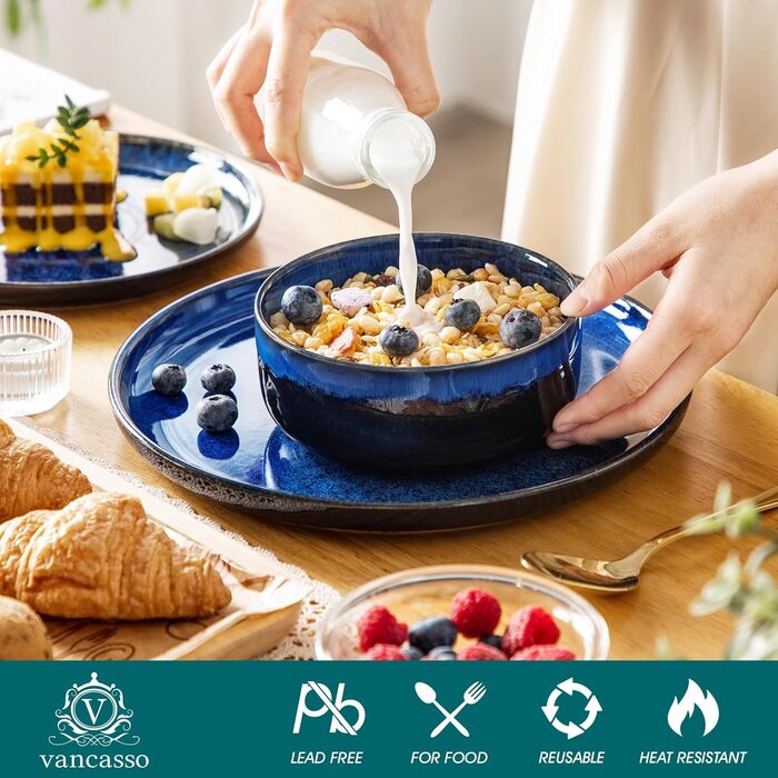 Vancasso Starry Blue 24-Piece Stoneware Dinnerware Set for 6 - Complete Tableware Set with Plates, Bowls & Serving Dishes