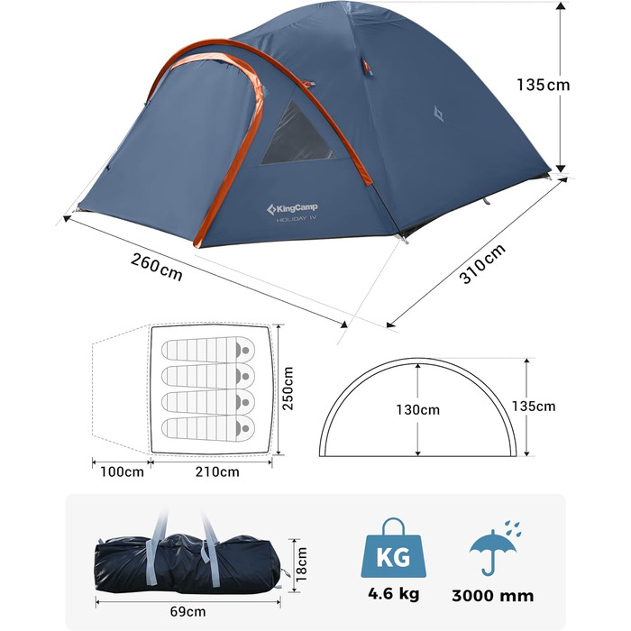 Намет KingCamp для 4 осіб з тамбуром, водонепроникний 3000 мм, блакитний - кемпінговий, легкий, швидкий монтаж