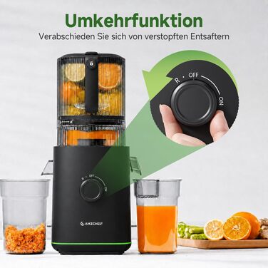 Шнекова соковижималка AMZCHEF 600W з широким завантажувальним отвором 155 мм, матово-чорна