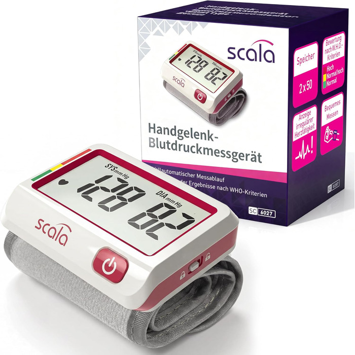 Тонометр на зап'ястя Scala SC 6027 A (червоний) – точний вимірювач артеріального тиску з індикатором ВООЗ, 85 місць пам'яті, Fuzzy Logic, з батарейками та коробкою, розмір манжети 13,5-19,5 см