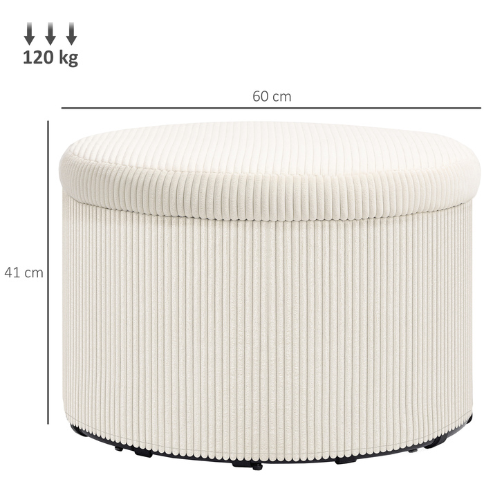 HOMCOM Storage Ottoman with Lid, Round Upholstered Footstool with Corduroy Look for Living Room, Bedroom 60 x 60 x 41 cm Beige | Aosom