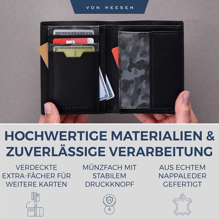 VON HEESEN Leather Wallet RFID Protection | Real Leather Wallet for Women & Men | Portemonnaie, Brieftasche, Wallet, Portmonee (Camouflage Grey)