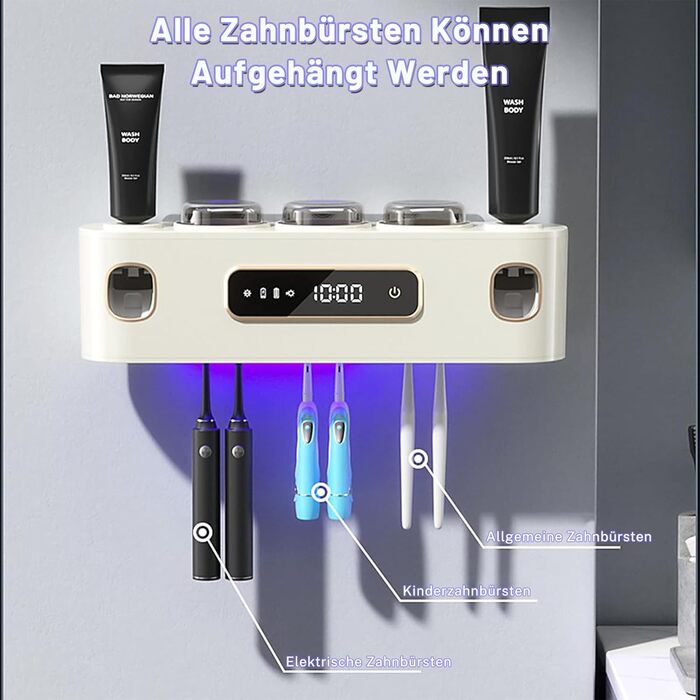 Організатор для ванної кімнати: тримач для зубних щіток, електричний диспенсер для зубної пасти, прес для тюбиків, 2 диспенсери для пасти з 6 слотами для щіток та 3 чашками (білий)
