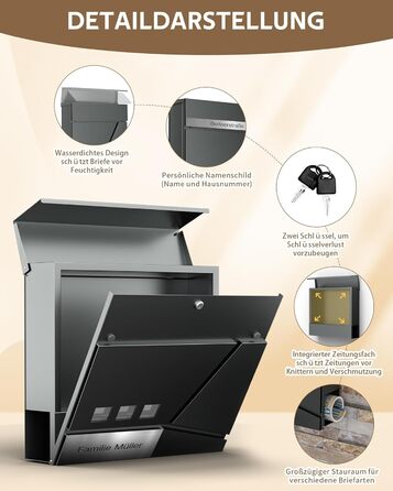 Поштовий ящик Anthrazit з нержавіючої сталі з відділенням для газет (37x37x10 см), персоналізований з табличкою для імені, стійкий до погодних умов, наклейки проти небажаної реклами, настінний поштовий ящик