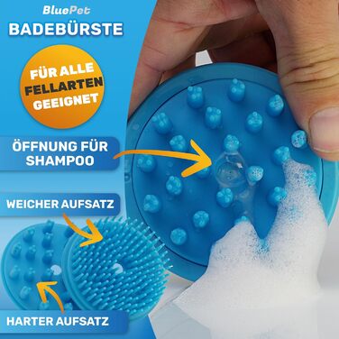 Гумова щітка для купання собак та котів BluePet з масажним ефектом. Видаляє відмерле підшерстя, пил та бруд. Ідеальна для втирання шампуню. Наповнювана щітка для купання.