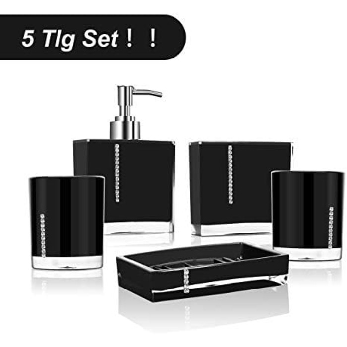 5-Piece Bathroom Accessories Set, Bathroom Dispenser Set includes lotion bottle, toothbrush holder, tray, 2 rinsing cups (black)