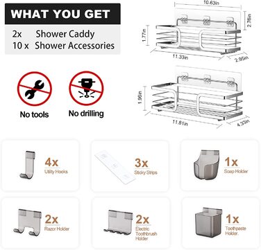 Gsocel Shower Shelf with 2 Hooks, Silver