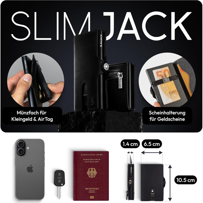 Slimjack Смарт-гаманець з відділенням для монет та RFID-захистом - Чоловічий алюмінієвий картхолдер для карт та монет (Чорний)