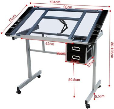 Yaheetech Adjustable Drafting Table - Tilting Glass Top Desk for Architects, Artists & Painters - 90cm x 60cm