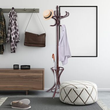 GIANTEX Coat Rack with Umbrella Stand, Clothes Rack Wood with 12 Clothes Hooks, Wooden Coat Tree Freestanding, Standing Coat Rack for Entryway Living Room (White) (Brown)