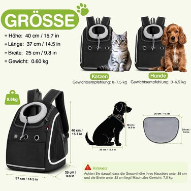 Рюкзак-переноска для собак та котів ALLSOPETS: зручний та дихаючий рюкзак для подорожей з великими котами та маленькими собаками (Carbonschwarz)