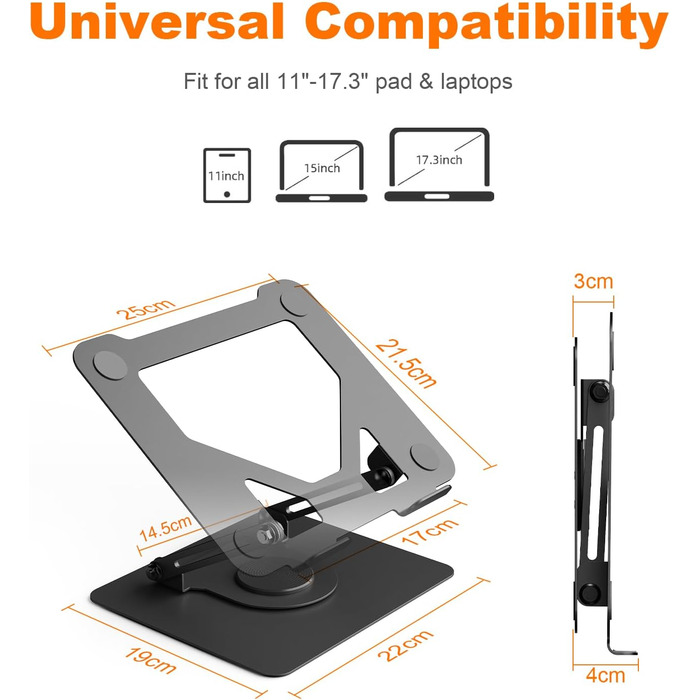Підставка для ноутбука GRIFEMA GB1050, регульована по висоті, 360° обертання, ергономічна та з вентиляцією, сумісна з MacBook, Dell та ноутбуками 11-17 дюймів, чорна